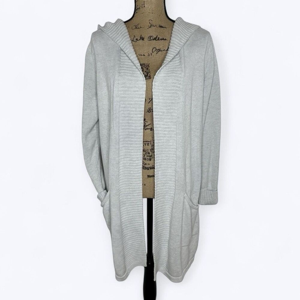 Tahari Hooded Open Front Long Cardigan Sweater Womens Sz 1X Gray Fall Cozy Layer